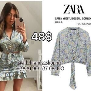 Zara Blue Floral Satin Tie at Waist Blouse NWOT SZ Small